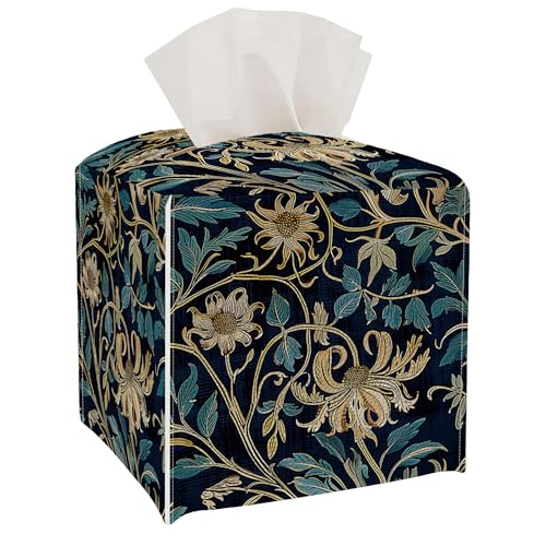 Tissue Box Cover Holder Square - Vintage Boho PU Leather Decorative Organizer, Ethnic Carpet Pattern Design Inspired, with Bottom Belt for Bathroom Car Office Tabletop Home, 5x5 Inch (Golden Flowers) - color: Golden Flowers