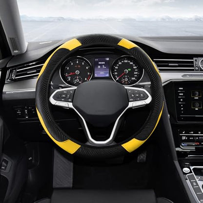 Car Steering Wheel Cover, Steering Wheel Protector, Universal 14.5-15 Inch Microfiber Leather Breathable Auto Steering Wheel Covers, Carbon Fiber Steering Wheel Cover for Women Men (Yellow) - color: Yellow