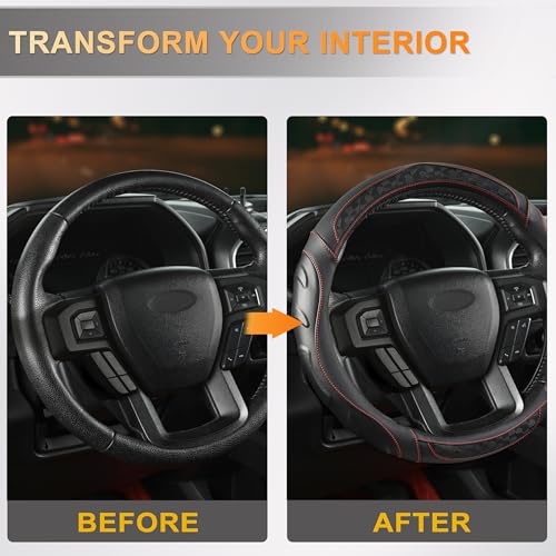 Black Seal Custom-Fit Steering Wheel Cover for Ford F-150, F-250, F-350, Expedition, 15.5–16", Anti-Slip PU Leather (Black+Red Line) - color: Black+Red Line