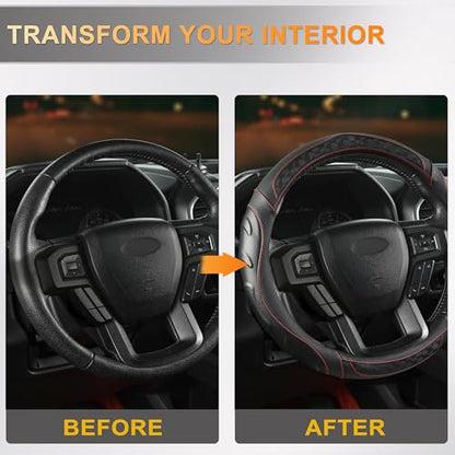 Black Seal Custom-Fit Steering Wheel Cover for Ford F-150, F-250, F-350, Expedition, 15.5–16", Anti-Slip PU Leather (Black+Red Line) - color: Black+Red Line