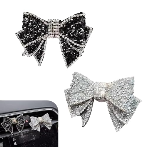 2 PCS Car Butterfly Bow Vent Clips, Bling Rhinestone Bow Straight Air Outlet Clip, Mini Leather Elegant Decoration, Universal Interior Accessory for Cars (Black & White)