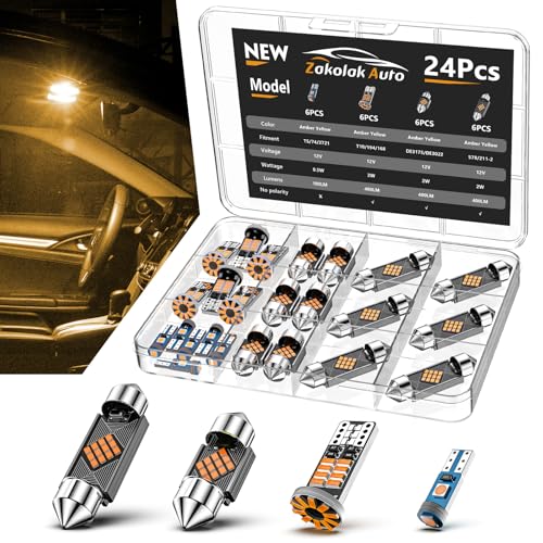 Zakolak 24PCS LED Interior Car Lights, Extremely Bright LED Bulb Kit, Applicable to Dome Map Door Lights and Other Parts Replacement for Your Cars, to Help You See Inside The Car at Night（Yellow） - color: Amber Yellow