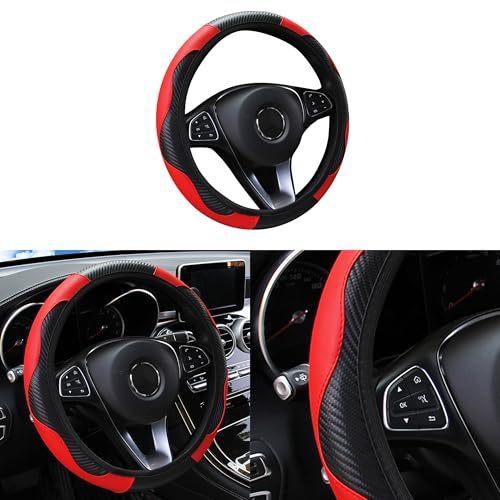 Car Steering Wheel Cover, 15 inch Carbon Fiber Microfiber PU Leather Elastic Steering Wheel Protector for Men Women, Anti-Slip Breathable Car Interior Accessories for Most Cars (Red) - color: Red