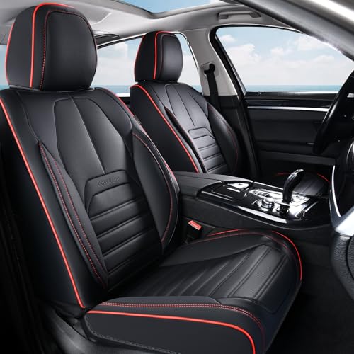 Coverado Car Seat Covers Full Set, Black Redline Seat Covers for Cars, Automotive Seat Covers, Waterproof Nappa Leather Front Seats and Back Car Seat Protector, Universal Fit for Most Cars SUV Trucks - color: Black-Red, size: FullSet