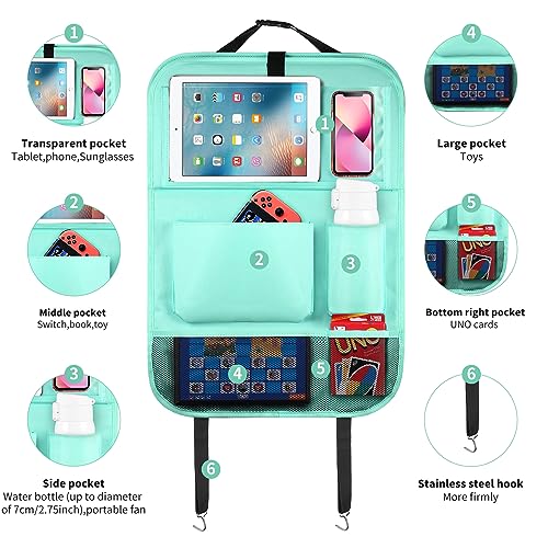 Car Backseat Organizer with Tablet Holder-2 Pcs,6 Storage Pockets Car Storage Organizer with Foldable Food Tray,Protectors Kick Mats Travel Accessories-Light Blue - color: Cerulean Breeze, size: 2 Pack with Food Tray