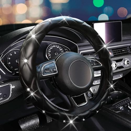 SuperKaKa Black Steering Wheel Cover 2026, Auto Cute Girly Diamond Bling Comfort Leather Car Interior Accessories Protector Sparkly Automotive Decoration for Women Men - color: black