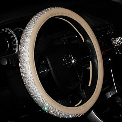 Beige Universal Non-Slip Crystal Steering Wheel Cover with PU Leather and Bling Diamond Rhinestones,Decorative Sparkly Car Accessories case,15''
