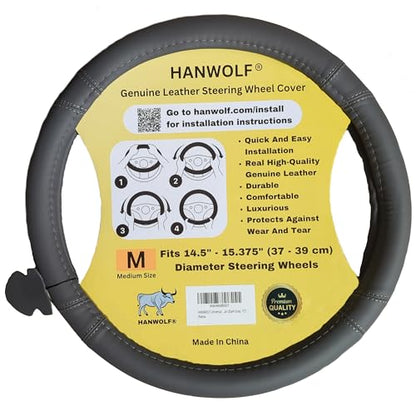 Steering Wheel Cover, Gray, Real Genuine Leather, 15 inch, for Men and Women, Universal, Stretch On, Heat Resistant, Stays Cool, Non-Slip, HANWOLF - color: Dark Gray, size: Medium (14.5 to 15.375 inch diameter)