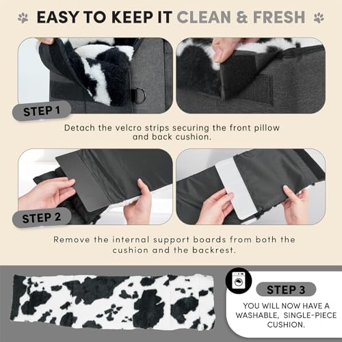 Center Console Small Dog Car Seat - Portable Pet Cat Puppy Booster Armrest Carseat Up to 11lbs, Anti-Collapse Comfort Car Travel with Washable Fluffy Cushion and Pillow, Milk Cow