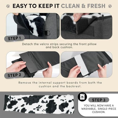 Center Console Small Dog Car Seat - Portable Pet Cat Puppy Booster Armrest Carseat Up to 11lbs, Anti-Collapse Comfort Car Travel with Washable Fluffy Cushion and Pillow, Milk Cow