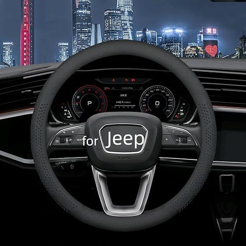 Leather Steering Wheel Cover for Jeep Wrangler Grand Cherokee Compass, 14.5-15 inches Car Steering Wheel Cover with Non-Slip Breathable (Black) - color: Black