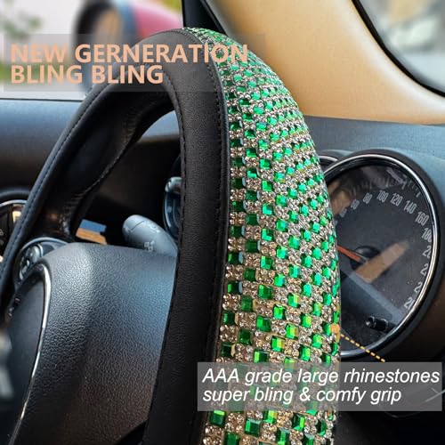 Large Size Bling Comfy Steering Wheel Cover with Jumbo Crystal Rhinestones, Anti-Slip Diamond Leather, 15.5-15.75 Inch (Vivid Green) - color: 910.Vivid Green, size: Large Size[15 1/2''-15 3/4'']
