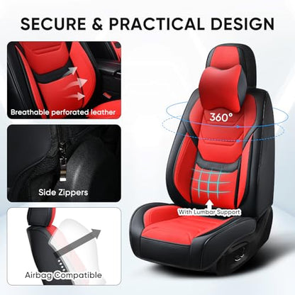 TIEHESYT Car Seat Covers Full Set, Breathable Leather Automotive Front and Rear Seat Covers & Headrest for Reduce The Driving Fatigue, Compatible with Most Vehicles, Cars (Black&Red, Front Pair) - color: Black&Red, size: Front Pair