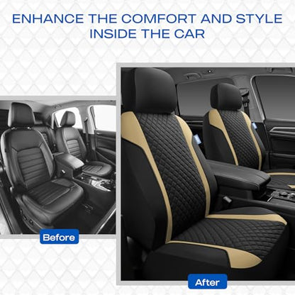 Skechers Seat Covers Contour Foam Cozy Fit,Leather Car Seat Covers, Car Seat Covers Front Seats Airbag Compatible, Universal Automotive Comfort for Most Cars, Vans, Trucks, SUV,Beige - color: Black and Beige