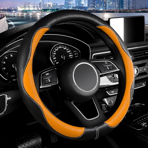 Car Steering Wheel Cover 2025, Universal Auto PU Cute Breathable Slip-Proof Comfort Imitation Leather Protector Cars Interior Accessories for Women Men Fit Most Vehicle (Orange)