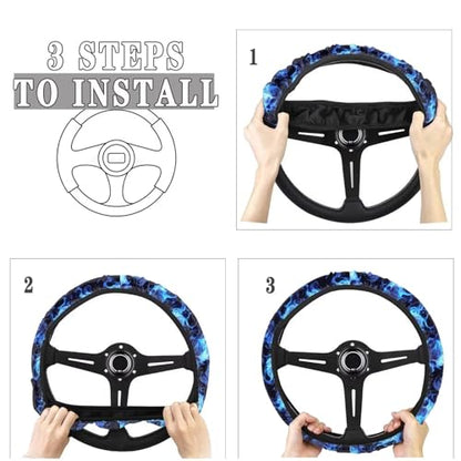 AFPANQZ Skull Blue Flame Automotive Steering Wheel Covers Universal Fit 14 to 15 inch Steering Wheel Covers with Cloth for Women Keep Warm Comfort Grip Sweat Absorption Neoprene - color: Skull Blue Flame
