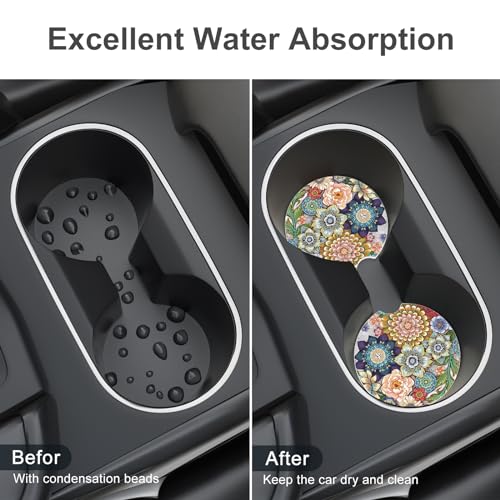 Car Cup Holder Coaster, Car Coasters for Cup Holders, 4 Pack Universal Anti Slip Insert Absorbent Ceramic Auto Interior Accessories with A Finger Notch & Cork Base, Mandala Flowers