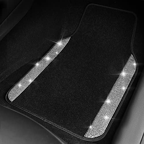 CAR PASS Bling Diamond Car Mats Shining Carpet Crystal Rhinestones Sparkly Glitter Floor Mats with Anti-Slip PVC Heel Pad Universal for Automotive SUV, Sedan, Van, 3pcs for Girl Women, Black Silver - color: Black Silver