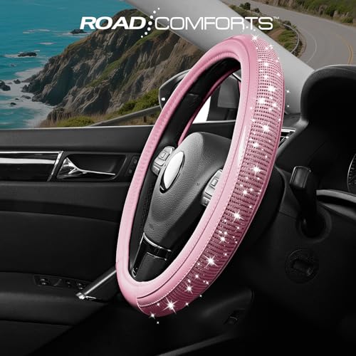 Road Comforts Bling Steering Wheel Cover – Pink Diamond Design, Universal Fit 14.5-15 Inch, Microfiber Leather, Anti-Slip & Breathable Design for Men and Women - color: Pink & Pink