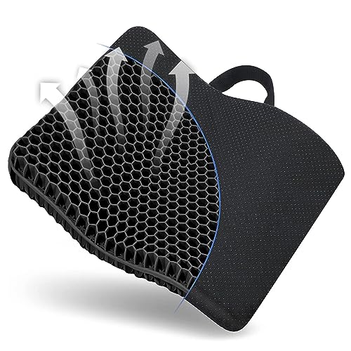 Gel Seat Cushion, for Long Sitting -Double Thick Gel Seat Cushion Breathable Honeycomb Chair Cushion with Non-Slip Cover for Office Chair Car, Wheelchair, Long Trips,Relief Sciatica Pain - color: Black