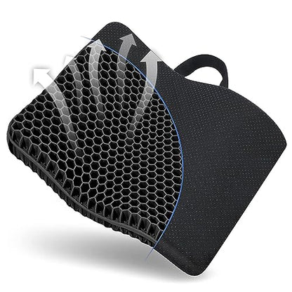 Gel Seat Cushion, for Long Sitting -Double Thick Gel Seat Cushion Breathable Honeycomb Chair Cushion with Non-Slip Cover for Office Chair Car, Wheelchair, Long Trips,Relief Sciatica Pain - color: Black