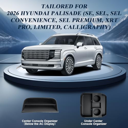 BIBIBO 2Packs for 2026 Hyundai Palisade Center Console Organizer 2026 Hyundai Palisade (SE, SEL, SEL Convenience, SEL Premium, XRT Pro, Limited, Calligraphy)Under Console Insert Tray+Divider Organizer - color: Black-(Console Under+Insert shelf)