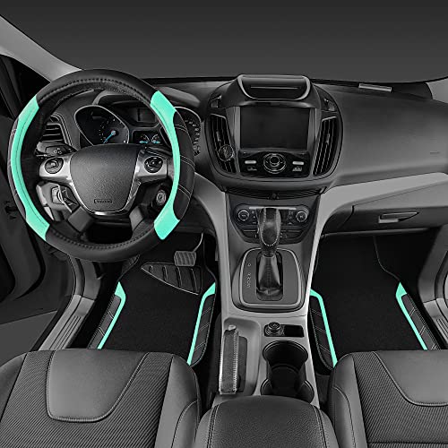 CAR PASS Leather Steering Wheel Cover and Waterproof Car Floor Mats,Microfiber Universal Car Combo Fit for 95% Sedan,SUV,Cars,14.5-15inch Sporty Anti-Slip Safety Comfortable Design(Black&Mint) - color: Black＆Mint
