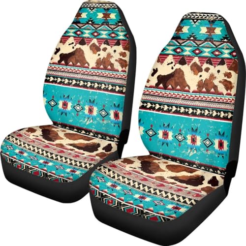 Southwest Aztec Front Car Seat Cover Set of 2 Brown Cow Print Bucket Seat Protector for Women Men Auto Accessories Universal for SUV Truck Sedans - color: Aztec Cow Print