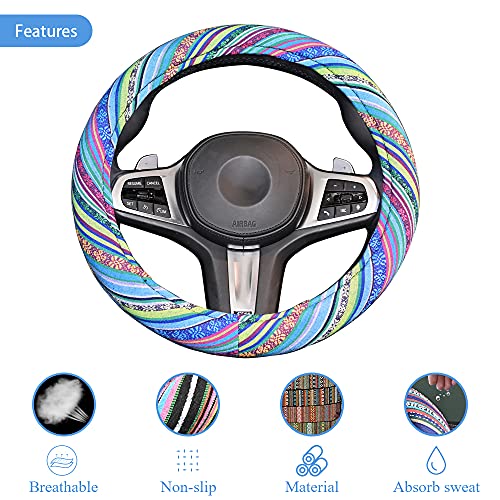Universal 15inch Ethnic Style Baja Blanket Steering Wheel Cover with Coarse Flax Cloth and Sweat Absorption Anti Slip Car Wrap (Boho Blue) - style: Boho Blue