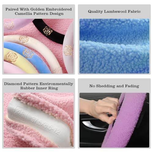 Blue Camellia Lambswool Steering Wheel Cover, for Universal Auto Steering Wheel 14.5-15 in, Lambswool Fabric, Anti-Slip, Soft Plush, Comforting and Luxurious, Embroidery Patterns, Soft Texture - color: Blue