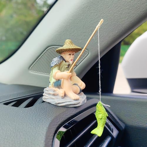 Cute Fishing Car Ornaments for Dashboard, Swinging Fish Car Dashboard Decor, Fun Car Decoration for Dash Car Accessories for Anglers, Home Garden Decor - color: Old Fisherman
