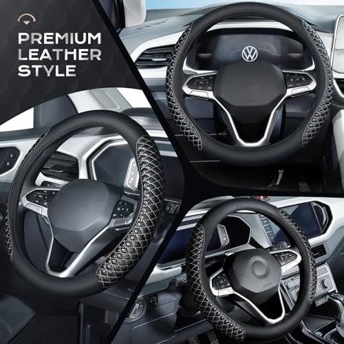 Coverado Car Steering Wheel Cover, Nappa Leather Black & Grayline Steering Wheel Covers, Universal 14-15 inch, Anti-Slip, Breathable Steering Wheel Protector for Women Men - color: C-Greyline