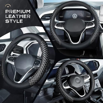 Coverado Car Steering Wheel Cover, Nappa Leather Black & Grayline Steering Wheel Covers, Universal 14-15 inch, Anti-Slip, Breathable Steering Wheel Protector for Women Men - color: C-Greyline