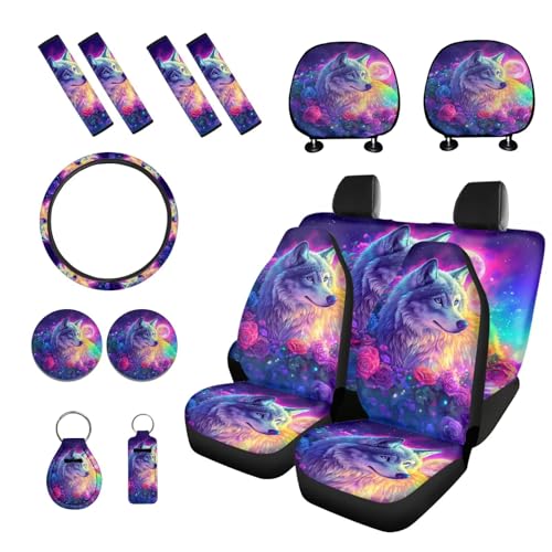Wolf Flower Printed 15 Pcs Car Seat Cover Full Set, Protective Auto Accessories Set Front Rear Seat Covers Steering Wheel Protector Car Headrest Cover Keychain - color: Purple-Wolf Flower