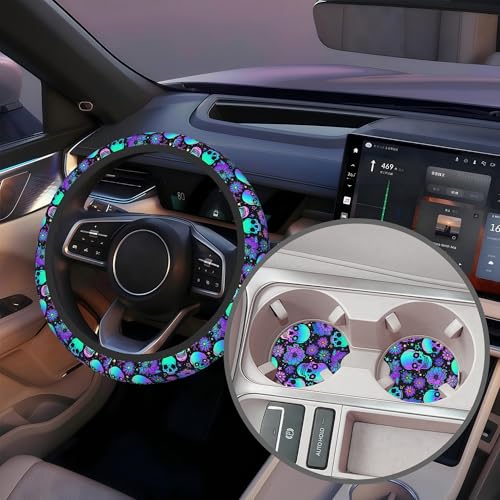 Neon Skull and Flower Steering Wheel Cover with 2 Pcs Car Coasters Neoprene Steering Wheel Cover for Women Men Anti-Slip Breathable Car Accessories Universal 15 Inch Fit Auto Cars Trucks - color: Neon Skull and Flower