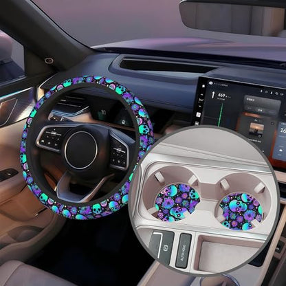 Neon Skull and Flower Steering Wheel Cover with 2 Pcs Car Coasters Neoprene Steering Wheel Cover for Women Men Anti-Slip Breathable Car Accessories Universal 15 Inch Fit Auto Cars Trucks - color: Neon Skull and Flower