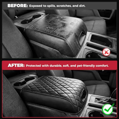 FREESOO Center Console Armrest Cover for Ford F150 2015-2020, Compatible with 2017-2022 F250 F350 F450 F550, 2018-2024 Expedition, PU Leather Cushion Thick Pad, Black (Bucket Seat Only)