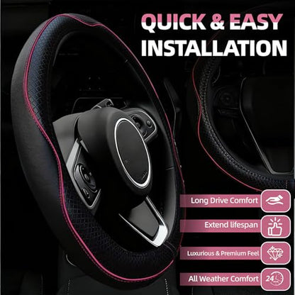 NBTEPEM 6 PCS Car Steering Wheel Cover Set, Microfiber Leather Steering Wheel Covers Universal 14.5-15 inch, Center Console Cover, Seat Belt Cushion, Cup Holder Coaster, Car Accessories Set Pink - color: Black with pink, size: Steering Wheel Cover Set