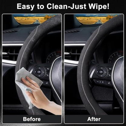 15 inch Microfiber Suede Car Steering Wheel Cover, Universal Anti-Slip Grip Protector for SUV Truck, Black