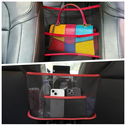 Car Storage Bag, Auto Net Pocket Handbag Holder, Driver Storage Netting Pouch for Document Phone Tissue Purse Storage, Organizer Mesh Bag Between Two Seats, Backseat Pets Barrier, Red