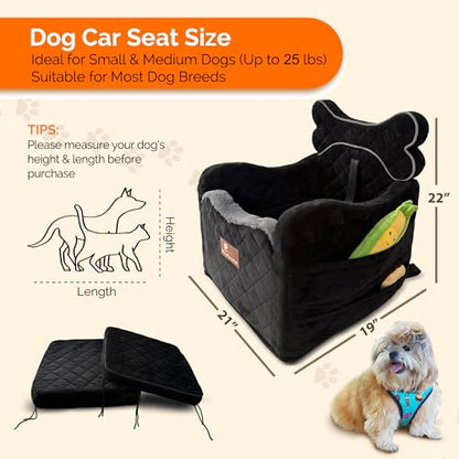 Yara’s Woofyverse Dog Car Seat for Small & Medium Dogs - Premium Booster, Fur-Lined Headrest, Adjustable Cushions & 6-Pocket Storage - Portable Pet Seat for Front/Back Travel - Midnight Ash