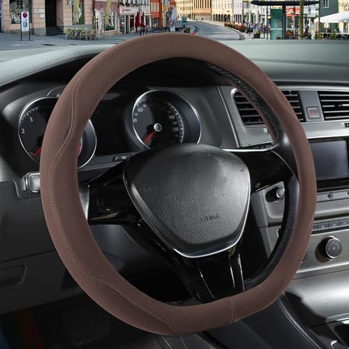 14 inch Brown Suede D Shaped Steering Wheel Cover, Breathable Non-Slip Sweat-Proof Wear-Resistant No Pilling, Warm in Winter and Cool in Summer - color: Brown, size: D Shape-S[13.5''-14'']
