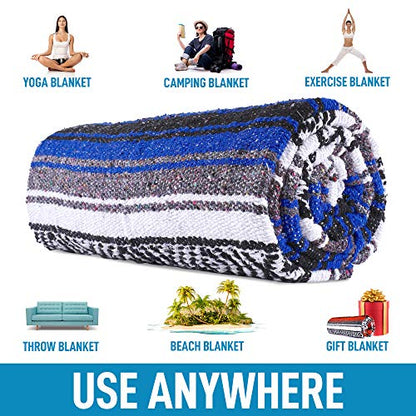 Hydration Nation Authentic Extra Large Mexican Blanket - 70"x50" Handwoven Yoga, Serape, Artisanal Falsa, Beach, Camping, Picnic, Outdoor Blanket - King Blue - color: King Blue