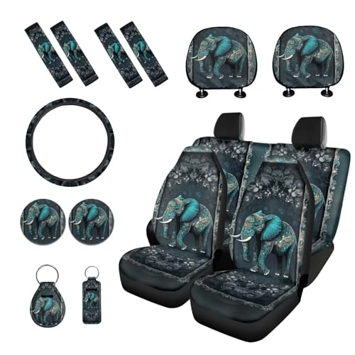 Elephant Printed 15 Pack Car Seat Cover Full Set, Stretchy Car Interior Covers Set Front Rear Seat Protector Seat Belt Pad Steering Wheel Protector Keychain - color: Black and Green-Elephant
