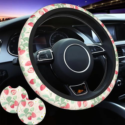 Strawberry Flowers Steering Wheel Cover - Strawberry Flower Steering Wheel Cover for Women Cute Car Breathable Universal for 14-15 Inch Anti-Slip 2 Pieces Car Coasters - color: 1-Strawberry