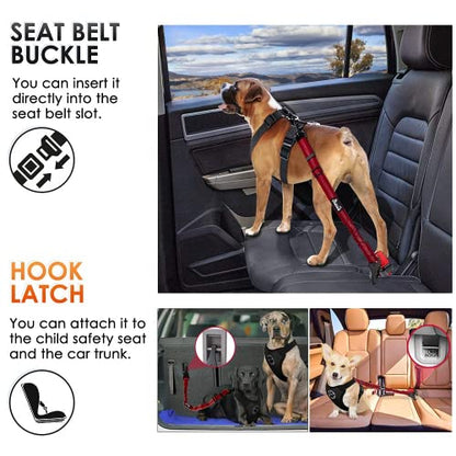 SlowTon Dog Seat Belt, Adjustable Dog Safety Belt Leash, 2 in 1 Latch Bar Attachment Dog Car Seatbelt with Elastic Nylon Bungee Buffer, Reflective Nylon Belt Tether Connect to Dog Harness (Red) - color: Red