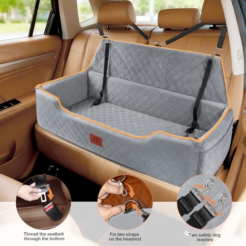 Large Dog Car Seat for Dods Under 100 Lbs, Memory Foam Dog Car Bed for Backseat & Trunk, Detachable and Washable Cover, Pet Travel Seat with Storage Pockets, 2 Safety Belts - color: Gray