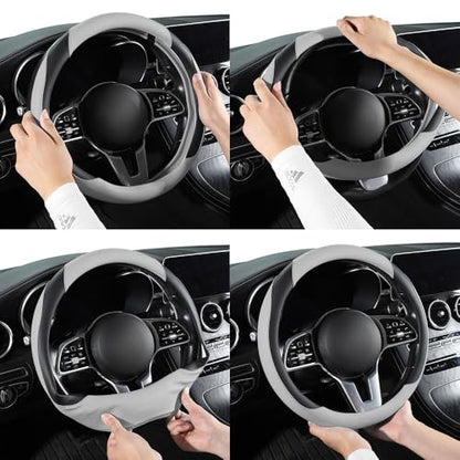 Car Steering Wheel Cover, Microfiber Leather Steering Wheel Cover Universal Fit 14.5-15 inch Anti-Slip Comfortable Breathable Car Wheel Protector for Men Women,Grey - color: Grey