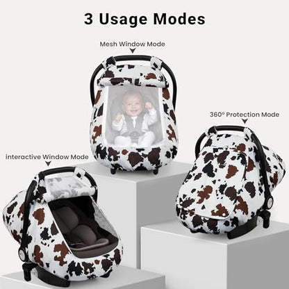 Elstey Car Seat Cover Baby, Minky Dot Carseat Covers Baby Boys Girls, Lightweight Infant Car Seat Cover Canopy with 2 Layers Breathable Mesh Windows, Stroller Carrier for Babies Newborn Essentials - color: Brown Black Cow