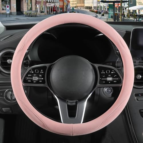 14 inch Pink Suede Steering Wheel Cover, Breathable Non-Slip Sweat-Proof Wear-Resistant No Pilling, Warm in Winter and Cool in Summer - color: Pink, size: Round-S[13.5''-14'']